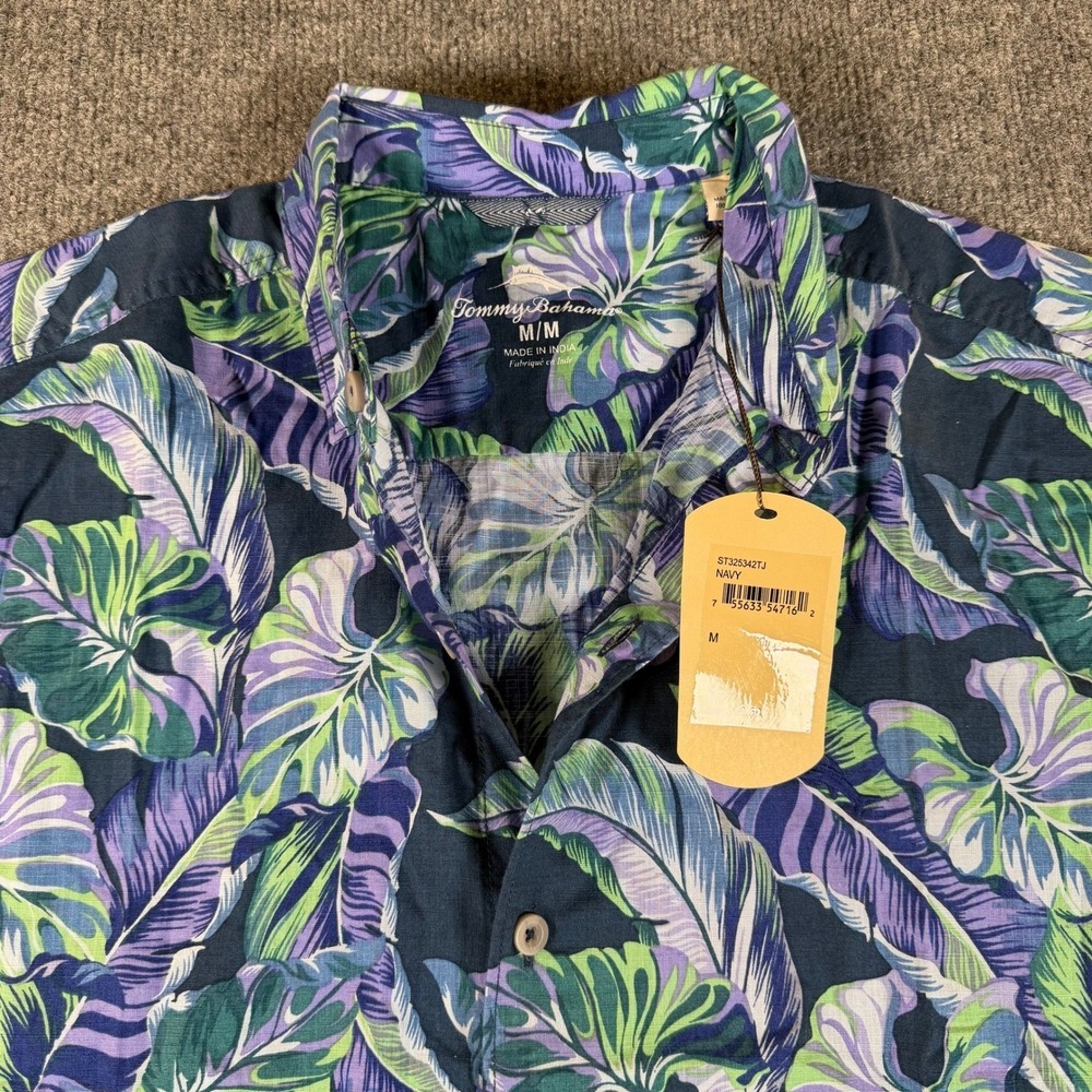 Tommy Bahama Mens Navy Tropical‎ Leaf Print Cotton Button Up Shirt M NWT #3439